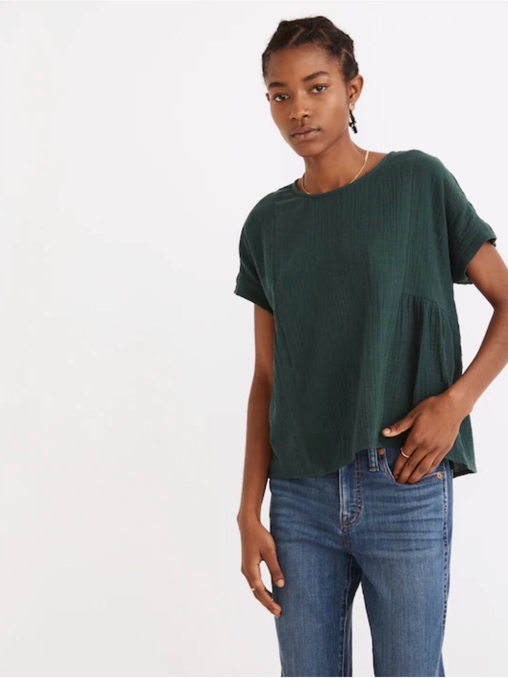 Madewell Cuffed-Sleeve Top in Forest Green